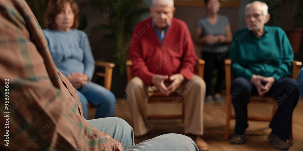 Fototapeta premium A group of elderly individuals sit in a circle with their hands clasped, engaging in a shared activity or discussion within an indoor setting.