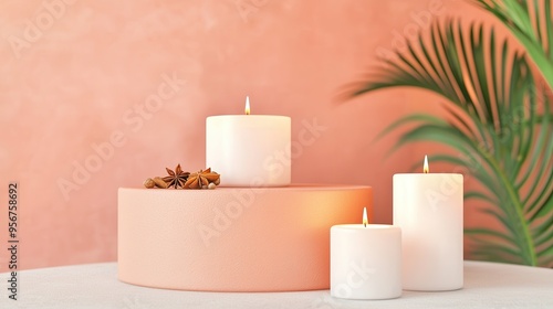 Three Burning Candles on a Peach-Colored Platform.