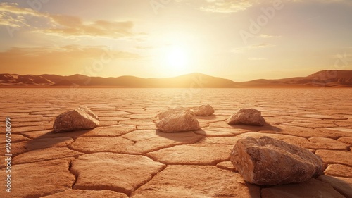 A desolate desert scene with the sun beating down mercilessly, creating mirages on the horizon. photo