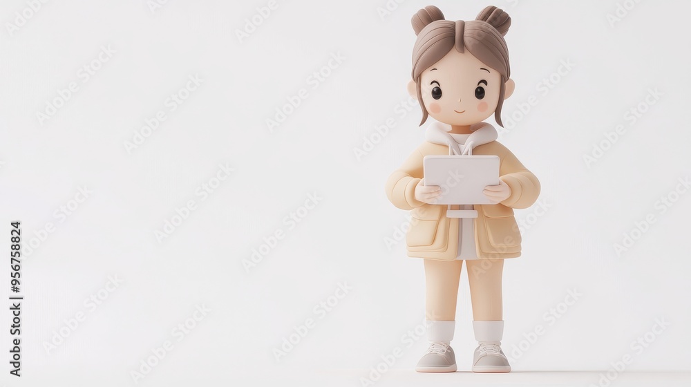 Cute Cartoon Girl Holding a Tablet. Cute Cartoon Girl Holding a Tablet.