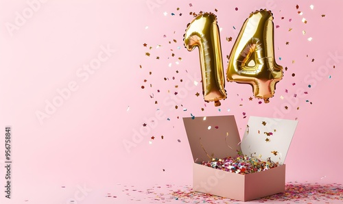 Happy birthday 14th with golden balloons and gift box on a pink background