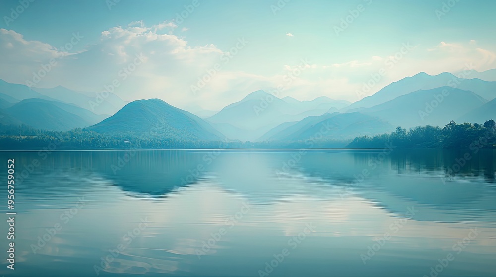 A serene lake nestled amidst misty mountains A serene lake nestled amidst misty mountains