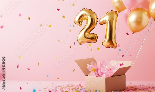 Happy birthday 21th with golden balloons and gift box on a pink background photo