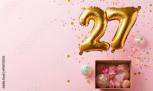 Happy birthday 27th with golden balloons and gift box on a pink background