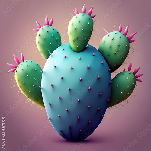 A vibrant prickly pear cactus with pink blooms. rendered in a 3D style. perfect for adding a touch of desert flair to your designs. photo