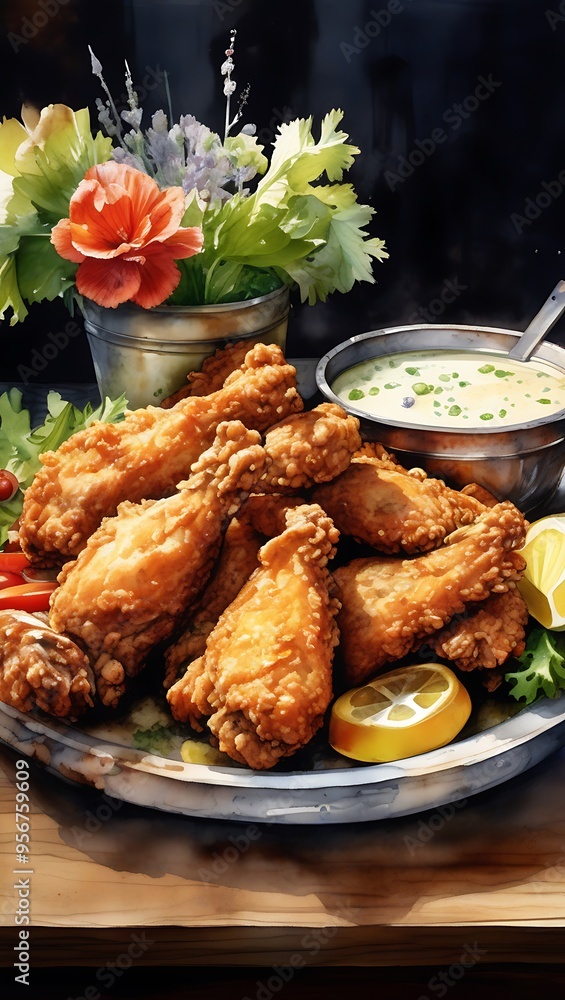 Fototapeta premium Delicious crispy fried Chicken drumsticks, wings surrounded by dipping sauces, lemon wedges, and fresh parsley