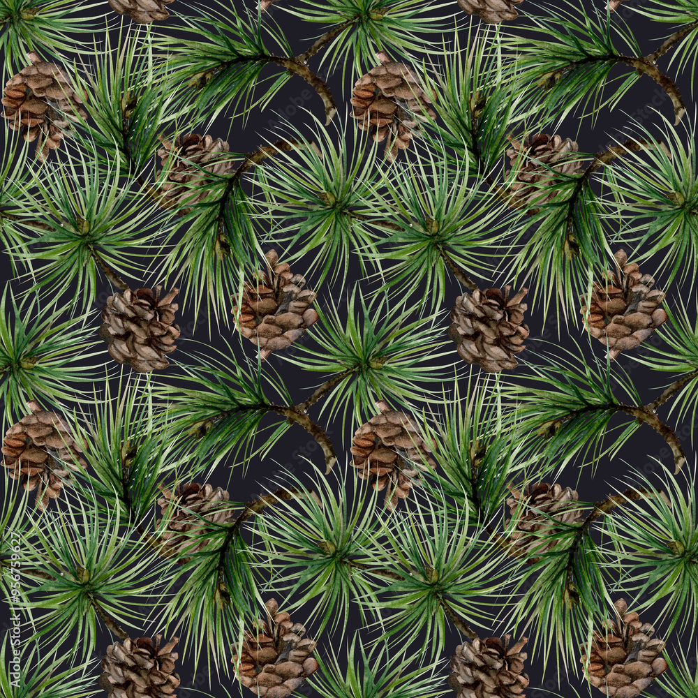 Pine, fir tree, spruce branches with needles, cones. Watercolor hand drawn illustration, seamless pattern isolated on dark. Xmas, happy new year festive, noel navidad holiday. Print paper, textile Pine, fir tree, spruce branches with needles, cones. Watercolor hand drawn illustration, seamless pattern isolated on dark. Xmas, happy new year festive, noel navidad holiday. Print paper, textile