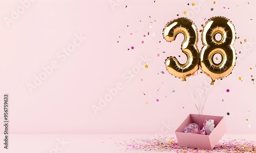 Happy birthday 38th with golden balloons and gift box on a pink background
