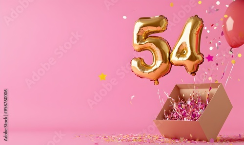 Happy birthday 54th with golden balloons and gift box on a pink background