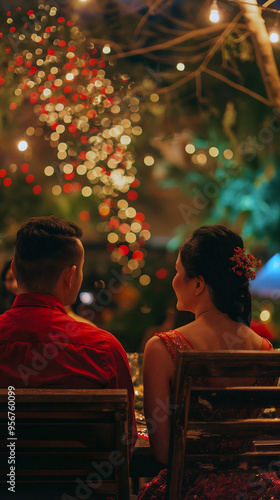 A couple sits together, admiring the charming ambiance filled with soft lights and rich colors, capturing a moment of connection and joy during a festive evening - Generative AI