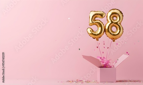 Happy birthday 58th with golden balloons and gift box on a pink background photo