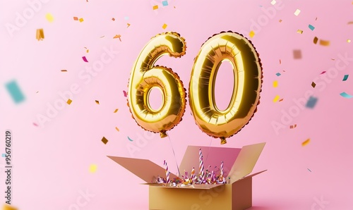 Happy birthday 60th with golden balloons and gift box on a pink background