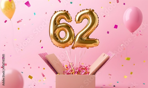 Happy birthday 62th with golden balloons and gift box on a pink background photo