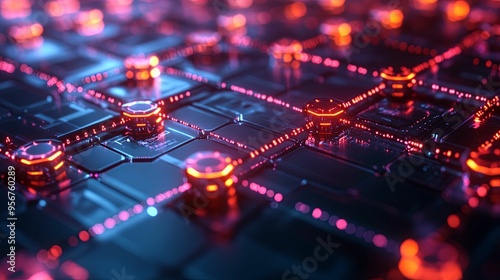 Abstract Futuristic Circuit Board with Glowing Red Lights