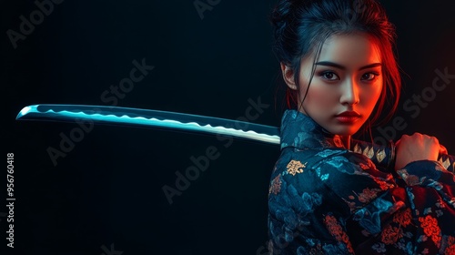 Young asian woman holding katana samurai sword on a dark background with copy space