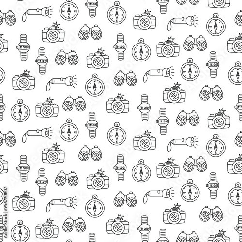 Seamless pattern travel gear. Black and white line art. Hand drawn. For textiles, clothes, backgrounds, postcards. Travel, hiking and camping concept. Vector illustration.