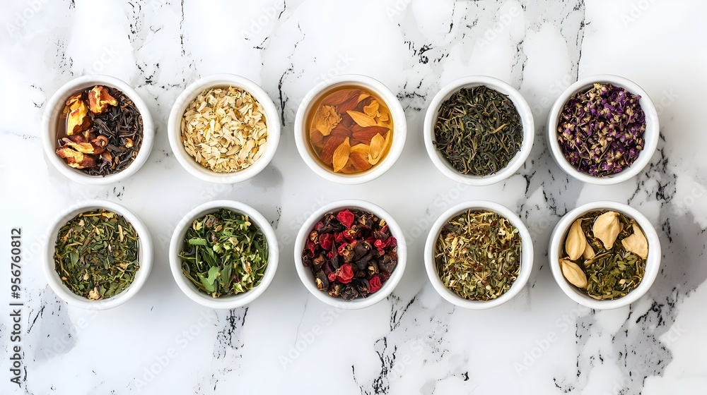 Assorted Herbal Teas with Natural Ingredients on Marble Countertop,Emphasizing Soothing Organic Assorted Herbal Teas with Natural Ingredients on Marble Countertop,Emphasizing Soothing Organic