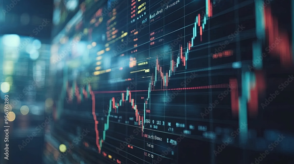 Financial Data Display on a Screen with Blurred City Lights in the Background Financial Data Display on a Screen with Blurred City Lights in the Background