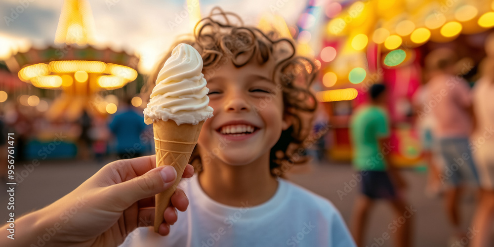 A smiling child is offered a soft-serve ice cream cone. The background features vibrant lights and people enjoying the festive atmosphere, creating a lively and fun-filled mood,a colorful carnival A smiling child is offered a soft-serve ice cream cone. The background features vibrant lights and people enjoying the festive atmosphere, creating a lively and fun-filled mood,a colorful carnival