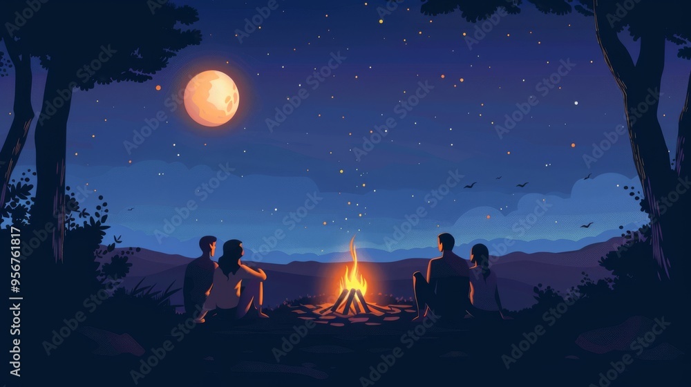 Illustration of Friends enjoying a campfire with a view of the night sky Illustration of Friends enjoying a campfire with a view of the night sky