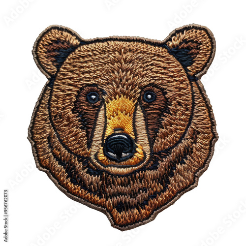 Embroidered brown bear face patch on transparent background photo