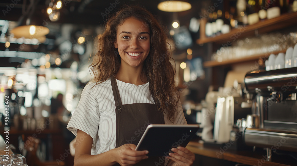 Fototapeta premium A happy, handsome waitress confidently using a touchpad while working in a bustling pub, smiling at the camera, showcasing the blend of modern technology and traditional hospitalit