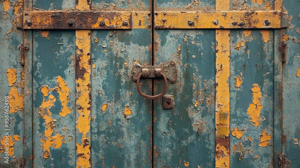 Rusty Metal Door with Peeling Paint and Ring Handle Rusty Metal Door with Peeling Paint and Ring Handle