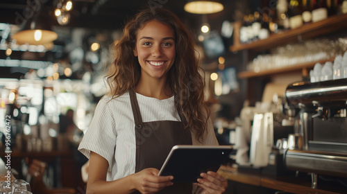 A happy, handsome waitress confidently using a touchpad while working in a bustling pub, smiling at the camera, showcasing the blend of modern technology and traditional hospitalit