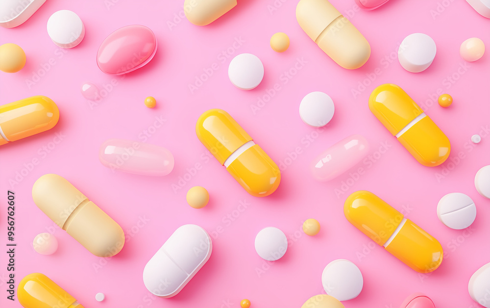 Pharmaceutical medical positive pink background with pills Pharmaceutical medical positive pink background with pills