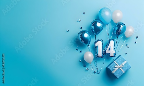 Happy birthday 14th with blue foil balloons and gift box on color background photo