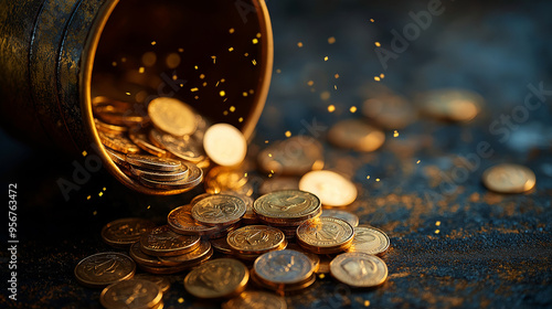 close up of coins, falling coins, gold coins in a jar, economy, savings, deposits, economic, economics, market photo