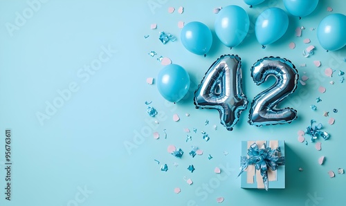 Happy birthday 42th with blue foil balloons and gift box on color background photo