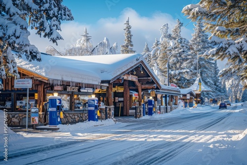 Snow-covered small town restaurant with blue gas pumps and yellow lights, surrounded by pine trees under clear skies in Alaskan winter.