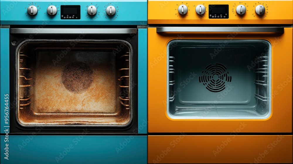 Comparison of a dirty oven interior on the left and a clean oven interior on the right with contrasting blue and orange exteriors, highlighting cleanliness. Comparison of a dirty oven interior on the left and a clean oven interior on the right with contrasting blue and orange exteriors, highlighting cleanliness.
