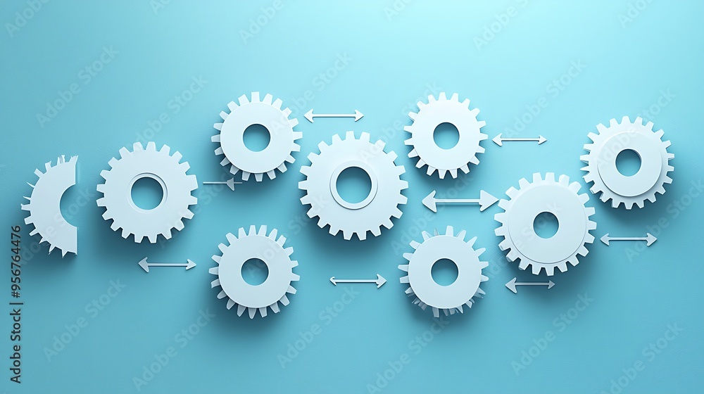 White cogwheels interlock with arrows on a blue background, illustrating teamwork and precision. White cogwheels interlock with arrows on a blue background, illustrating teamwork and precision.