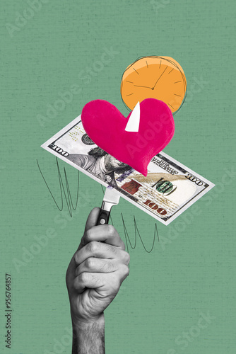 Vertical photo collage of hand hold knife prick dollar heart icon donation organ time clock deadline dial isolated on painted background photo