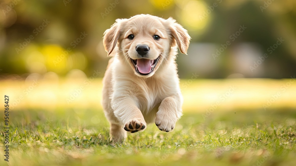 A Golden Retriever Puppy Running Through Green Grass A Golden Retriever Puppy Running Through Green Grass