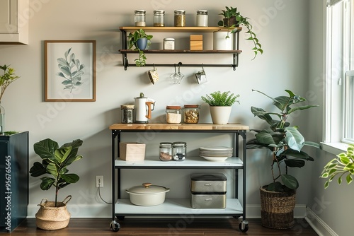 White and black metal kitchen cart with wood top, framed art print, and open shelving unit in feminine, neutral-toned decor.