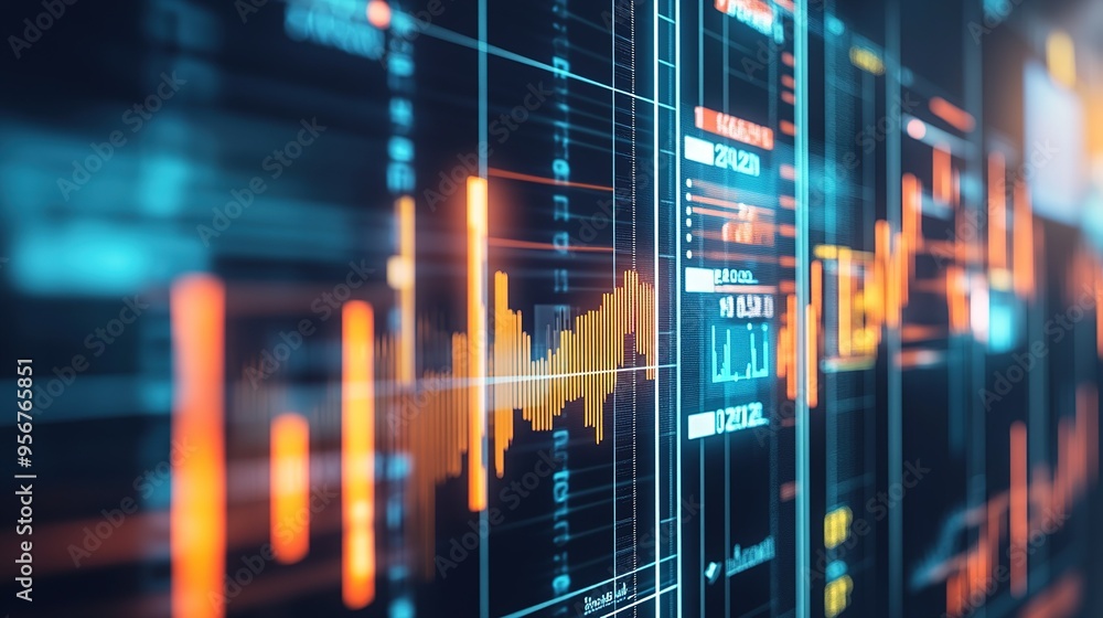 Abstract view of financial market data analysis displayed on digital screens showcasing various stock metrics and trends Abstract view of financial market data analysis displayed on digital screens showcasing various stock metrics and trends