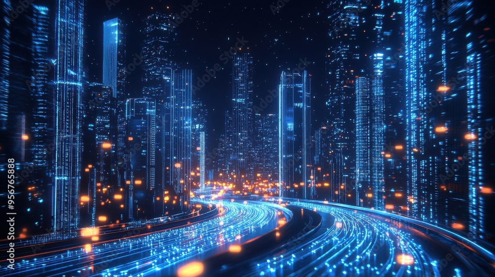 Naklejka premium Futuristic cityscape at night, illuminated by glowing blue lights, showcasing a vibrant and dynamic digital atmosphere.