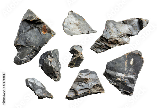 Collection of various black rock shards on transparent photo