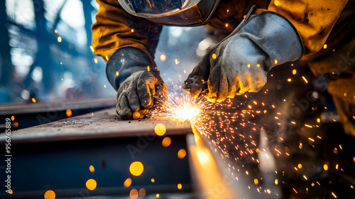 close-up of a welder’s sparks flying as they connect steel beams on a skyscraper