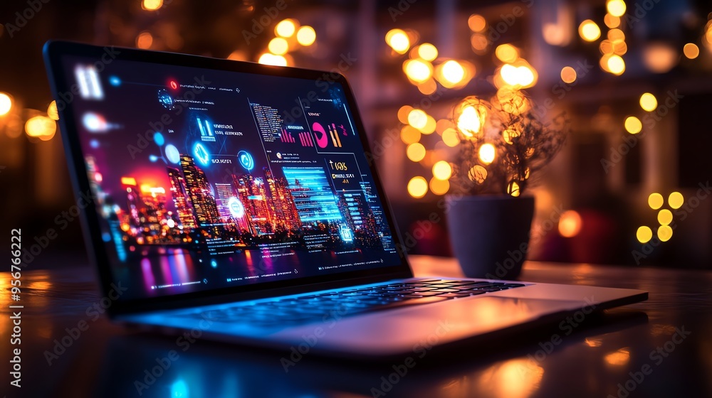 A modern laptop displaying data analysis against a backdrop of glowing city lights and soft bokeh, creating an inspiring workspace.