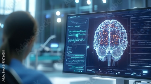 A researcher analyzes brain activity data on a computer screen in a modern laboratory setting during the evening hours