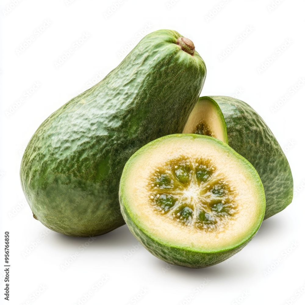 Close-up of whole and sliced green kiwano fruit isolated on white background. Close-up of whole and sliced green kiwano fruit isolated on white background.