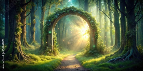 Fototapeta Naklejka Na Ścianę i Meble -  Enchanting portal leading to a magical forest clearing, nature, gateway, portal, enchanted, magical, forest, trees, woodland