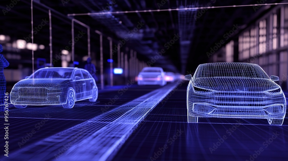 Digital representation of futuristic cars on a virtual assembly line in ...