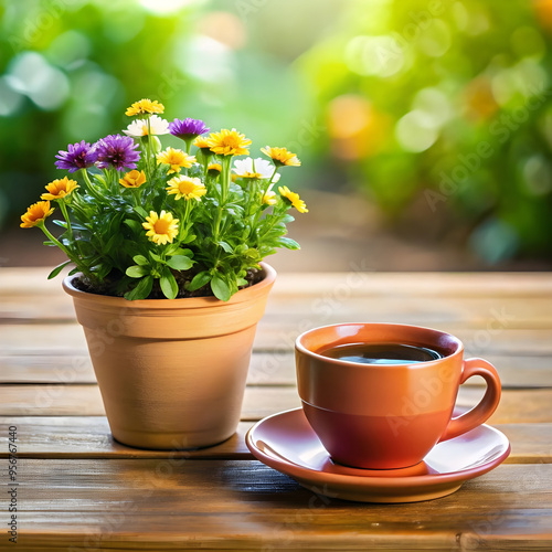 Wallpaper Mural flower pot and a coffee cup Torontodigital.ca