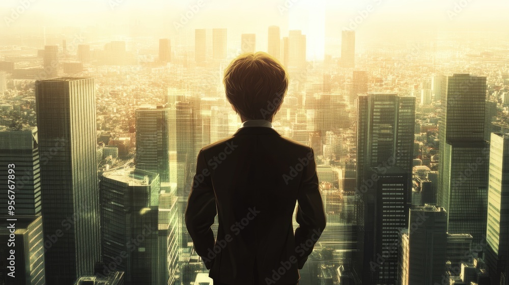 Young boy in a brown suit looks out over a cityscape from a high-rise window. The view represents his dreams of success and achievement in the corporate world. Young boy in a brown suit looks out over a cityscape from a high-rise window. The view represents his dreams of success and achievement in the corporate world.
