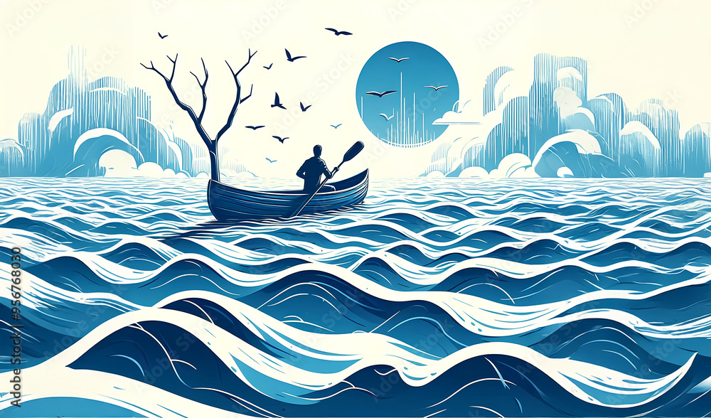 Watercolor painting of a lone figure rowing a small boat across a quiet lake.